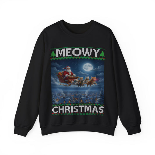 Cat Themed Ugly Christmas Sweatshirt 100% Cotton ; Kittens Flying Santa Sleigh Shirt