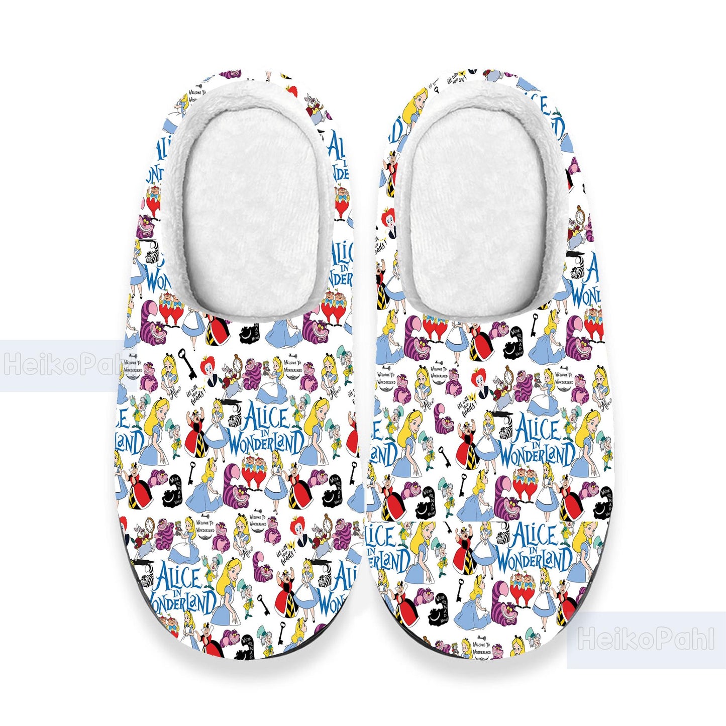 Alice In Wonderland Cartoon 3D All Over Print Slippers, Custom Rubber Slippers, Winter Slippers, Lightweight Rubber Sole, Cotton Slipper
