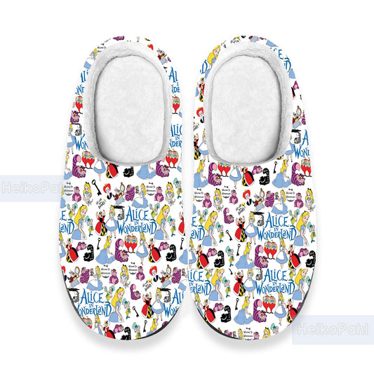 Alice In Wonderland Cartoon 3D All Over Print Slippers, Custom Rubber Slippers, Winter Slippers, Lightweight Rubber Sole, Cotton Slipper