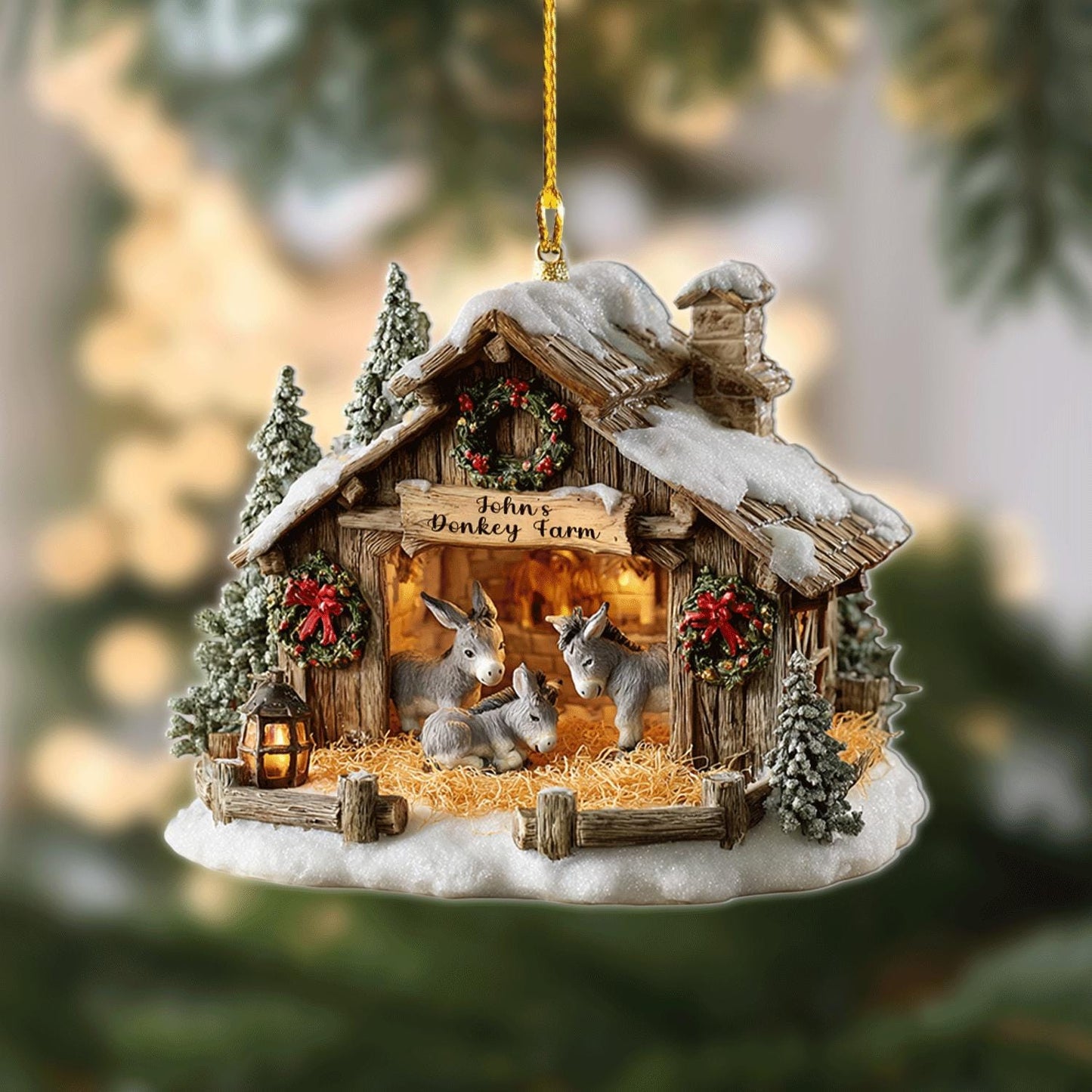 Personalized Donkey Farm Christmas Ornament | Rustic Barn Holiday Decor | Country Stable Gift for Donkey Lovers, 2D Flat ornament