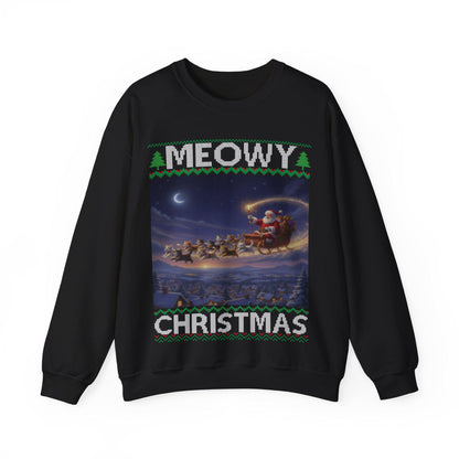 Cat Themed Ugly Christmas Sweatshirt 100% Cotton ; Kittens Pull Santa Sleigh Graphic Design Kitty Tee Shirt