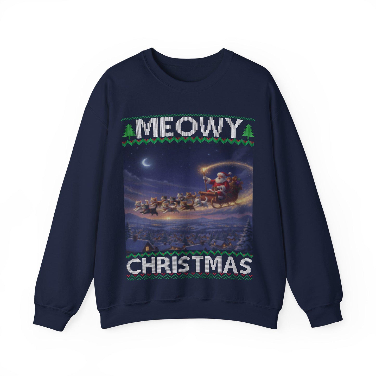 Cat Themed Ugly Christmas Sweatshirt 100% Cotton ; Kittens Pull Santa Sleigh Graphic Design Kitty Tee Shirt