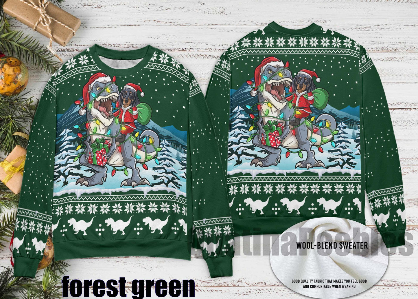 Dachshund Riding Dinasaur T-Rex Christmas Sweater, Dachshund  Ugly Christmas Sweater, Dinasaur T-Rex Ugly Sweater, Merry Xmas Ugly Sweater