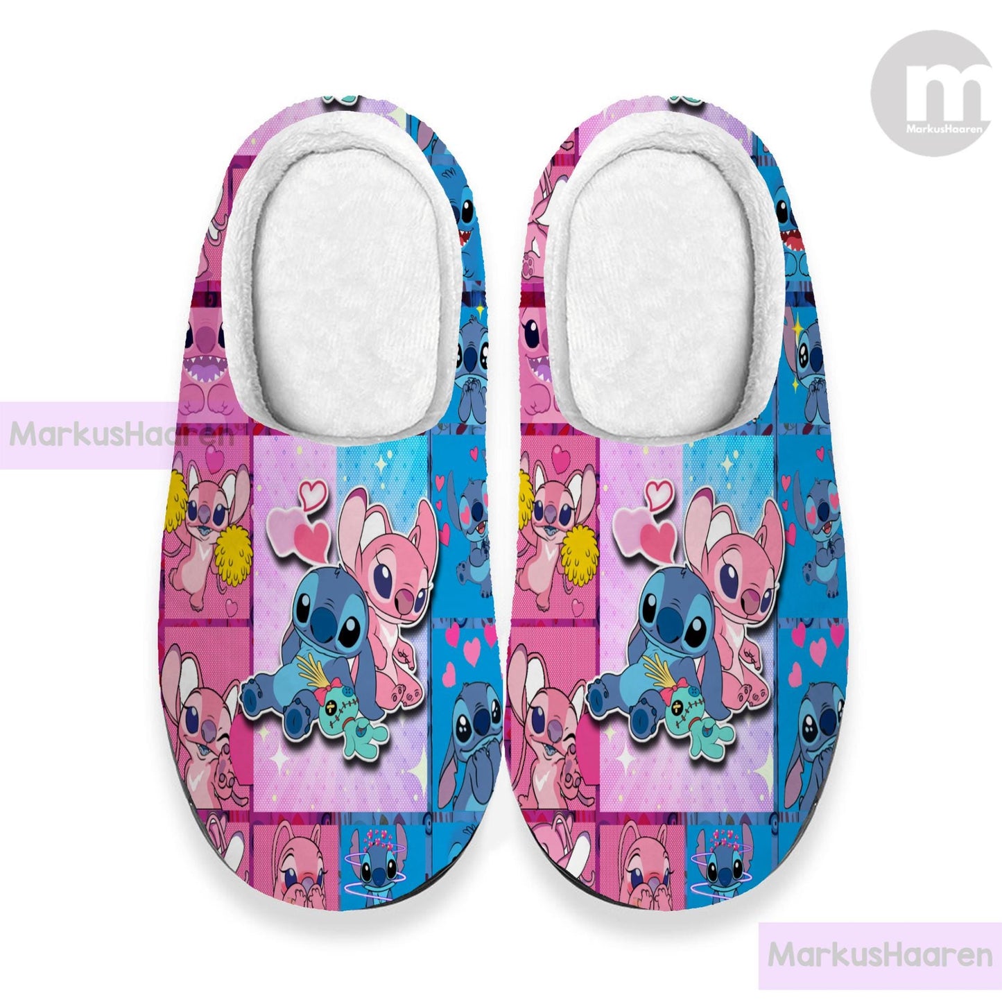 Personalized Stitch and Angel Cartoon 3D All Over Print Slipper, Custom Rubber Slipper, Winter Slipper, Cotton Slipper, Christmas Slippers