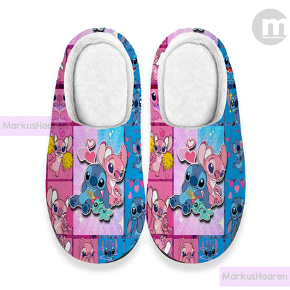 Personalized Stitch and Angel Cartoon 3D All Over Print Slipper, Custom Rubber Slipper, Winter Slipper, Cotton Slipper, Christmas Slippers