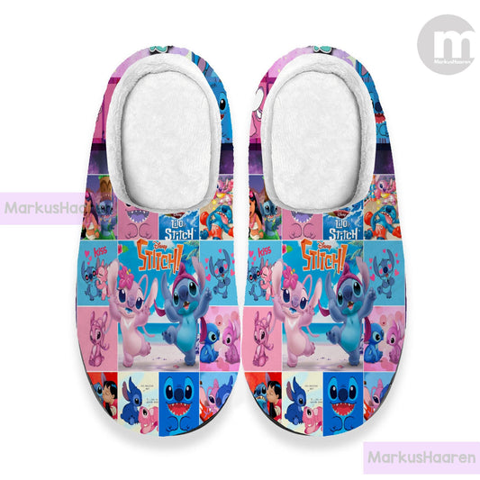 Personalized Stitch and Angel Cartoon 3D All Over Print Slipper, Winter Slipper, Cotton Slipper, Custom Rubber Slipper, Christmas Slippers