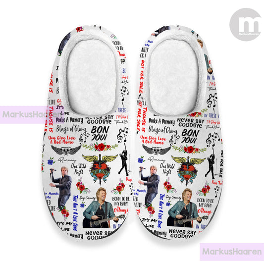 Personalized Name Bon Jovi Music 3D All Over Print Slipper, Custom Rubber Slipper, Winter Slipper, Cotton Slipper, Christmas Slippers