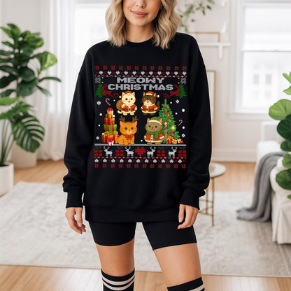 Ugly Christmas Cat Sweatshirt, Meowy Christmas Shirt, Merry Christmas Shirt, Happy Holiday Kitty Black Cat Shirt, Cat Lover Christmas Shirt