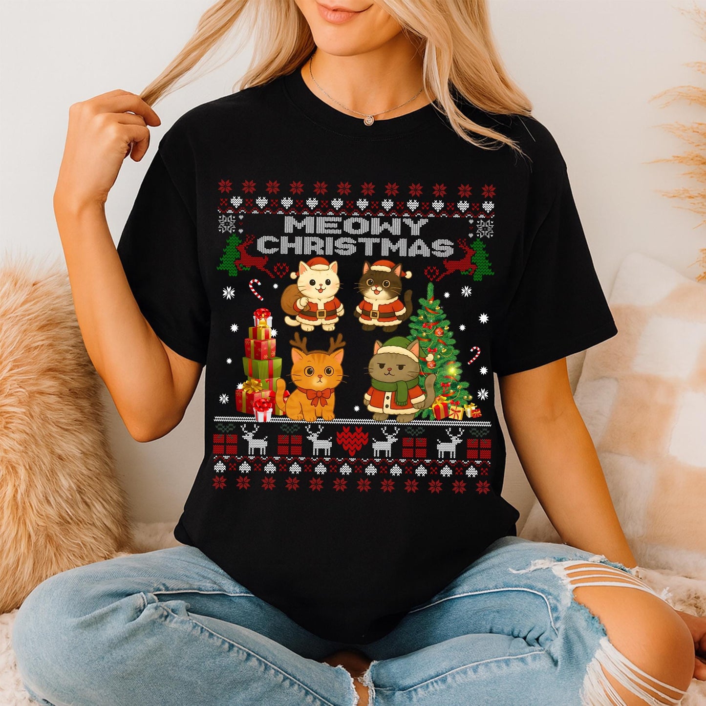 Ugly Christmas Cat Sweatshirt, Meowy Christmas Shirt, Merry Christmas Shirt, Happy Holiday Kitty Black Cat Shirt, Cat Lover Christmas Shirt