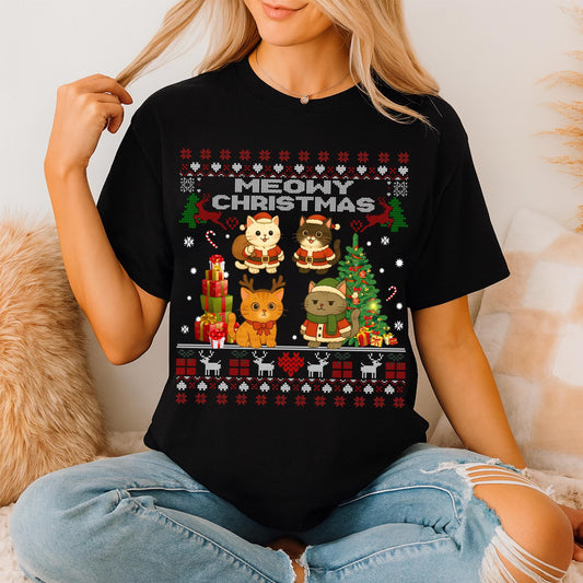 Ugly Christmas Cat Sweatshirt, Meowy Christmas Shirt, Merry Christmas Shirt, Happy Holiday Kitty Black Cat Shirt, Cat Lover Christmas Shirt