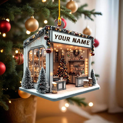 Custom Name Coffee Shop Christmas Ornament, Personalized Cozy Coffee Lover Gift, Miniature Cafe Decor, Unique Barista Holiday Keepsake 2025