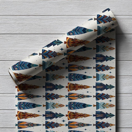 Tribal Tree Wrapping Paper: Boho Holiday Gift Wrap, Modern Christmas Wrapping, Festive Present Wrapping, Unique Christmas Gift Giving