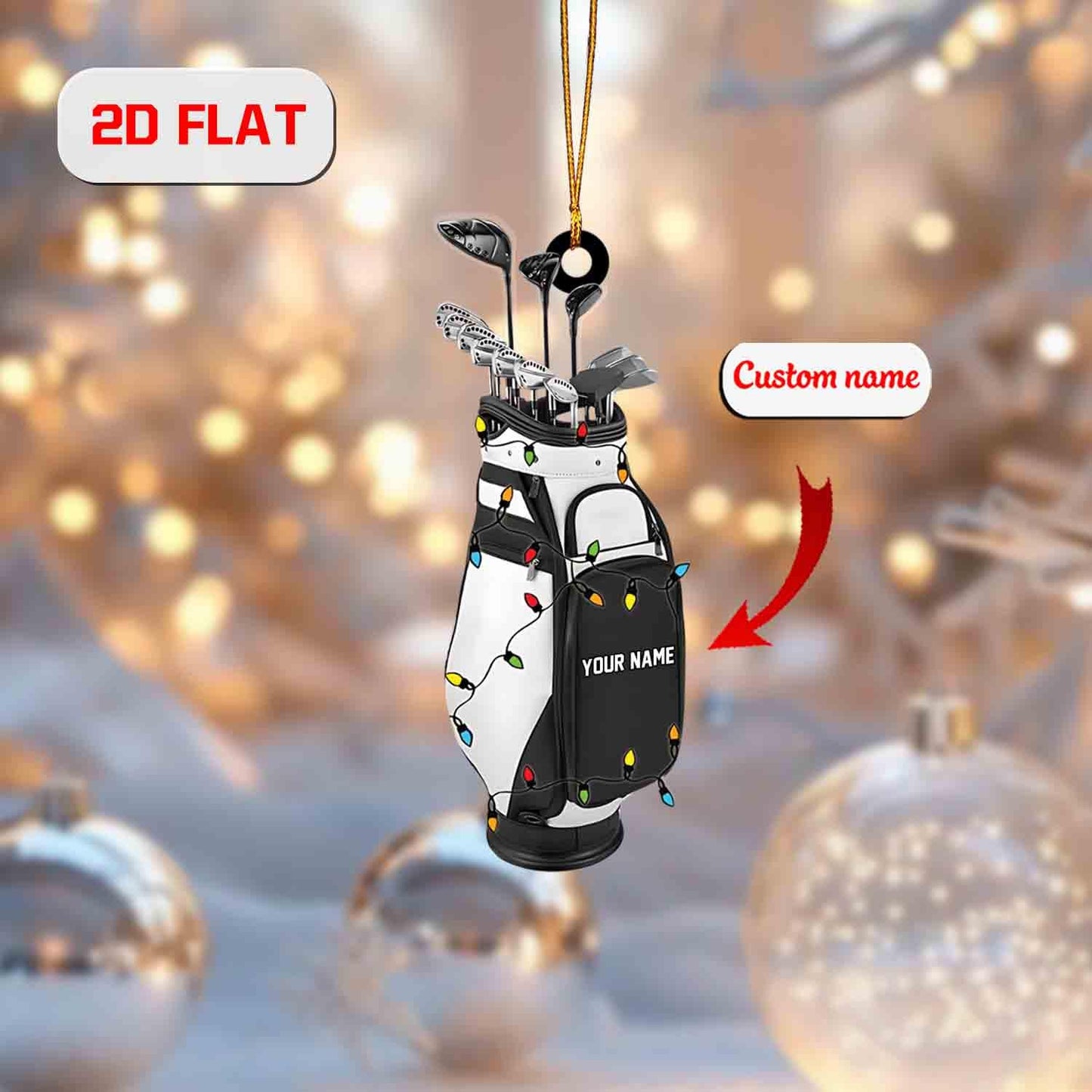 Personalized Golf Bag Ornament – Custom Name Acrylic Christmas Decoration, Unique Holiday Gift for Golf Lovers & Players (2D Flat)