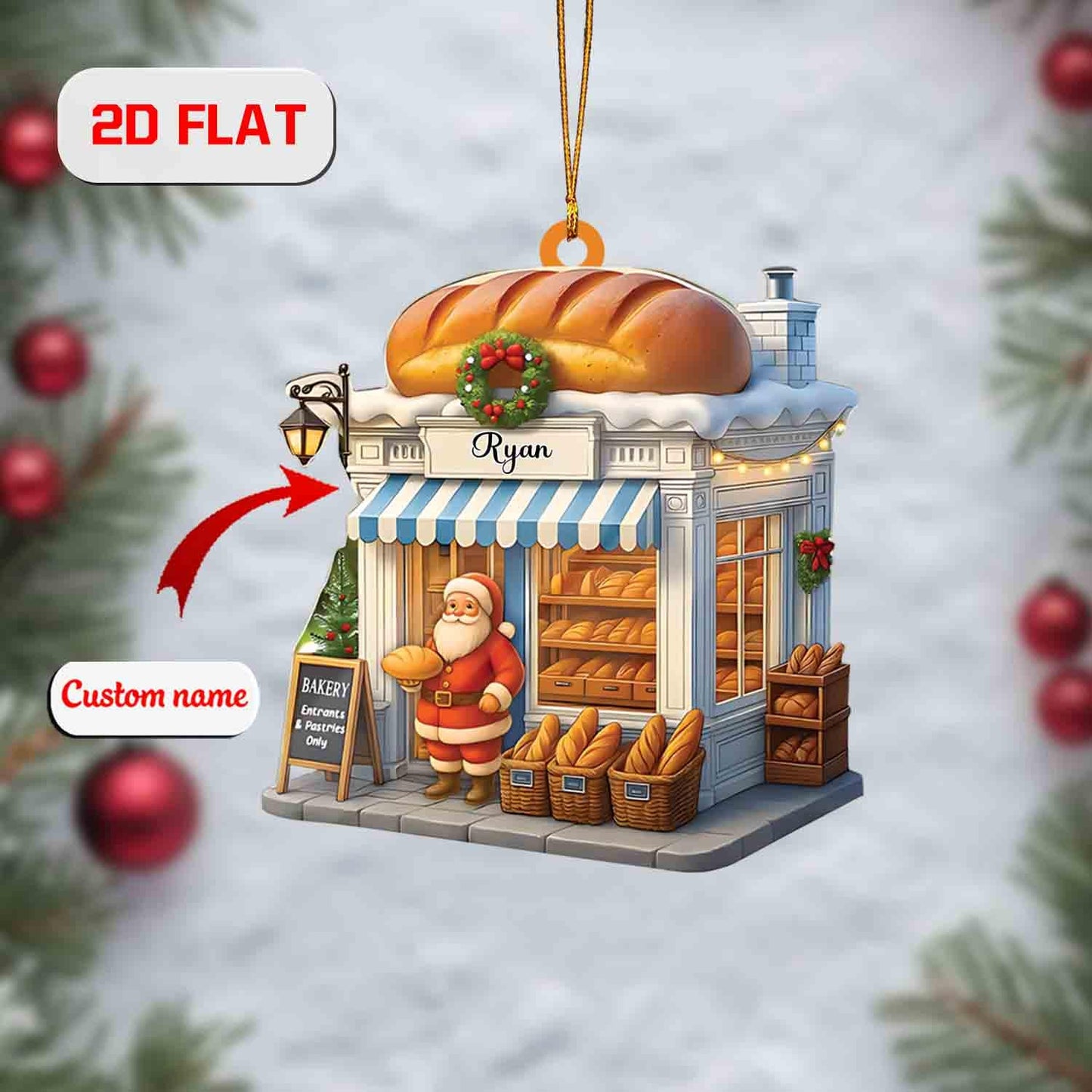 Custom 2D Flat Bakery Ornament, Personalized Acrylic Christmas Ornament with Shop Name, Baker Holiday Decoration, Unique Xmas Tree Gift