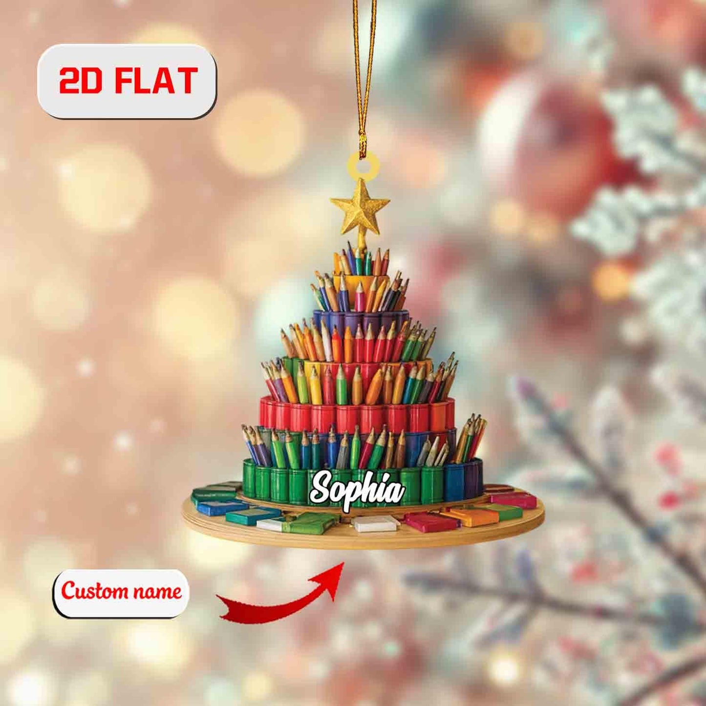 Custom 2D Flat Pencil Tree Ornament, Personalized Acrylic Christmas Ornament with Name, Teacher Gift, Art Lover Holiday Decor, Xmas Gift