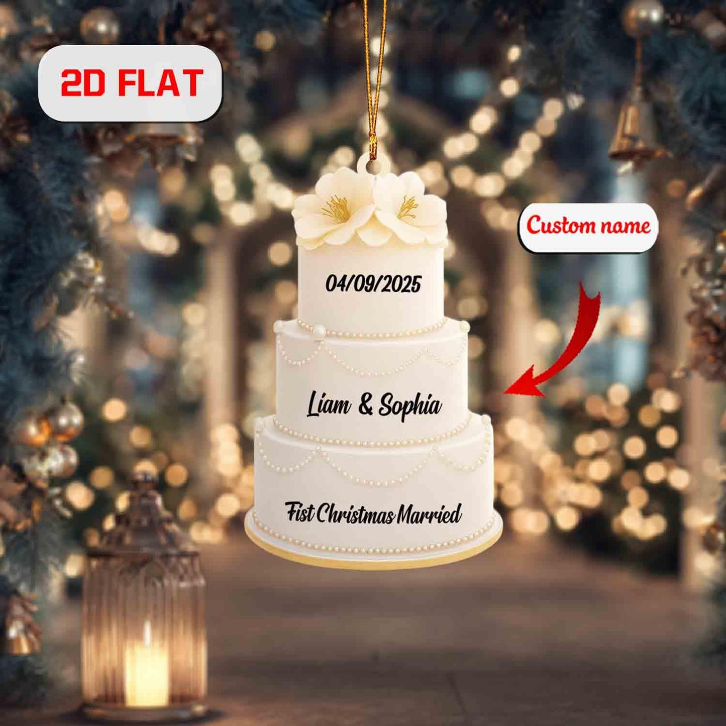 Custom 2D Flat Wedding Cake Ornament, Personalized First Christmas Married Ornament with Name and Date, Newlywed Gift, Holiday Decoration