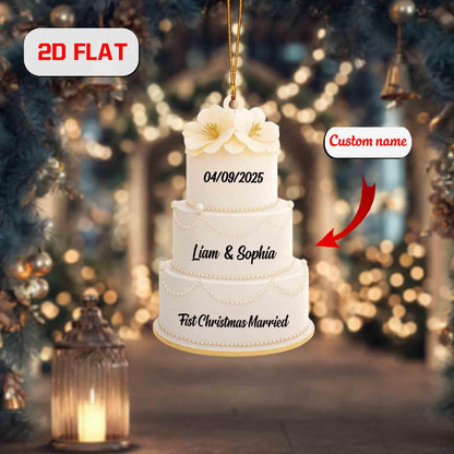 Custom 2D Flat Wedding Cake Ornament, Personalized First Christmas Married Ornament with Name and Date, Newlywed Gift, Holiday Decoration