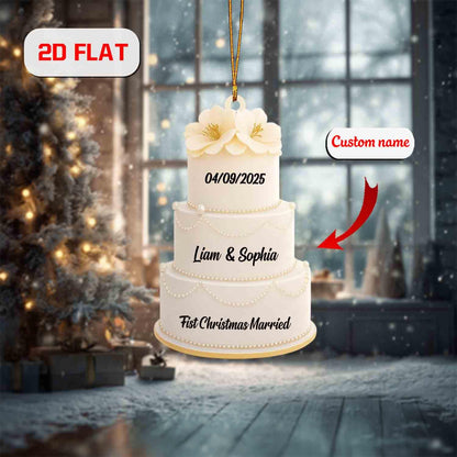 Custom 2D Flat Wedding Cake Ornament, Personalized First Christmas Married Ornament with Name and Date, Newlywed Gift, Holiday Decoration