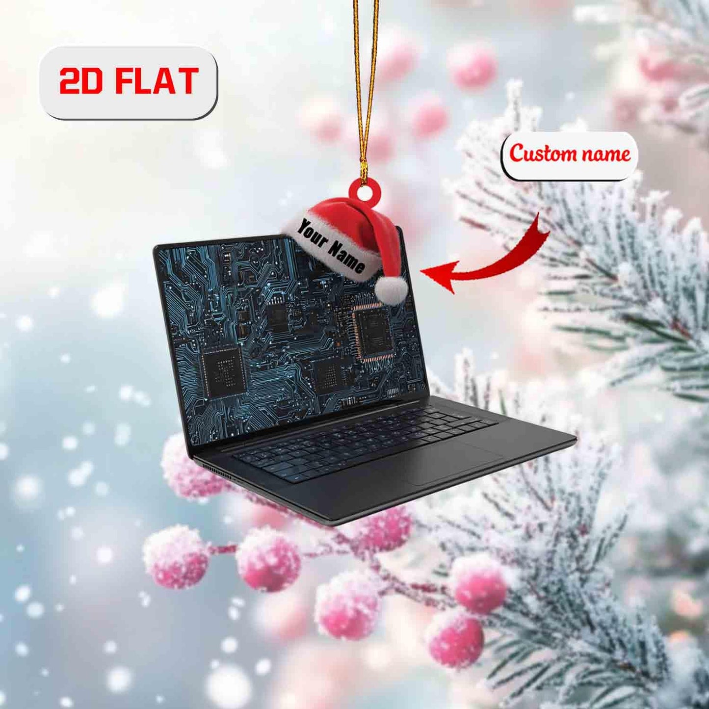 Custom 2D Flat Laptop Ornament, Personalized Acrylic Computer Christmas Ornament with Name, Tech Lover Gift, Programmer Holiday Tree Decor