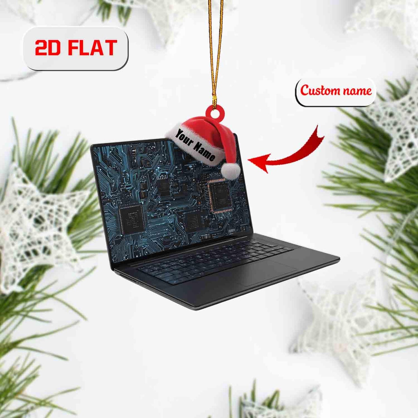Custom 2D Flat Laptop Ornament, Personalized Acrylic Computer Christmas Ornament with Name, Tech Lover Gift, Programmer Holiday Tree Decor