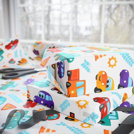 Cartoon Car Wrapping Paper: Fun Auto-Themed Kids Birthday Gift Wrap