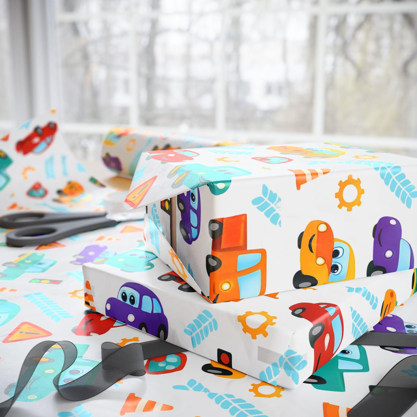 Cartoon Car Wrapping Paper: Fun Auto-Themed Kids Birthday Gift Wrap