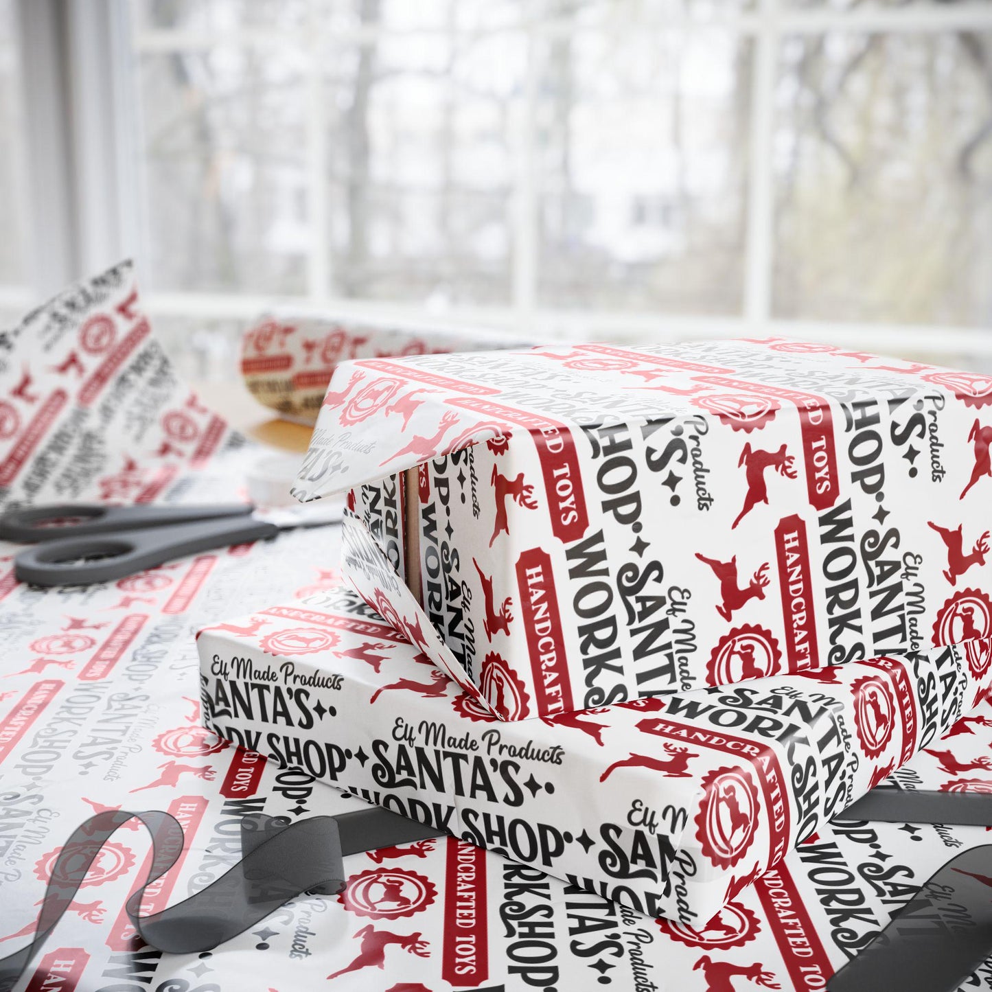 Santa’s Workshop Christmas Wrapping Paper Roll, Kids Christmas Gift Wrap, Festive Christmas Wrapping Sheets, Cute Seasonal Gift Wrap