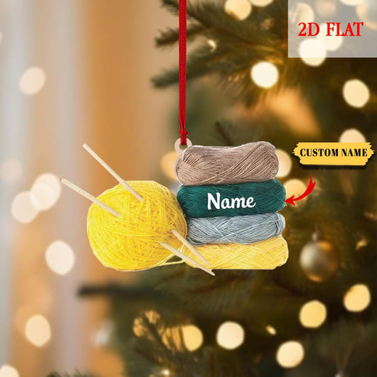 Personalized Wool Basket Knitting Accessories with String Lights, Yarns Ornament Christmas, Custom Name Christmas Tree Ornament Decoration