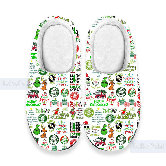 Grinch Christmas 3D All Over Print Indoor Slippers, Grinch Winter Slippers, Custom Rubber Slippers, Lightweight Rubber Sole, Cotton Slipper