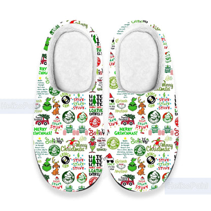 Grinch Christmas 3D All Over Print Indoor Slippers, Grinch Winter Slippers, Custom Rubber Slippers, Lightweight Rubber Sole, Cotton Slipper