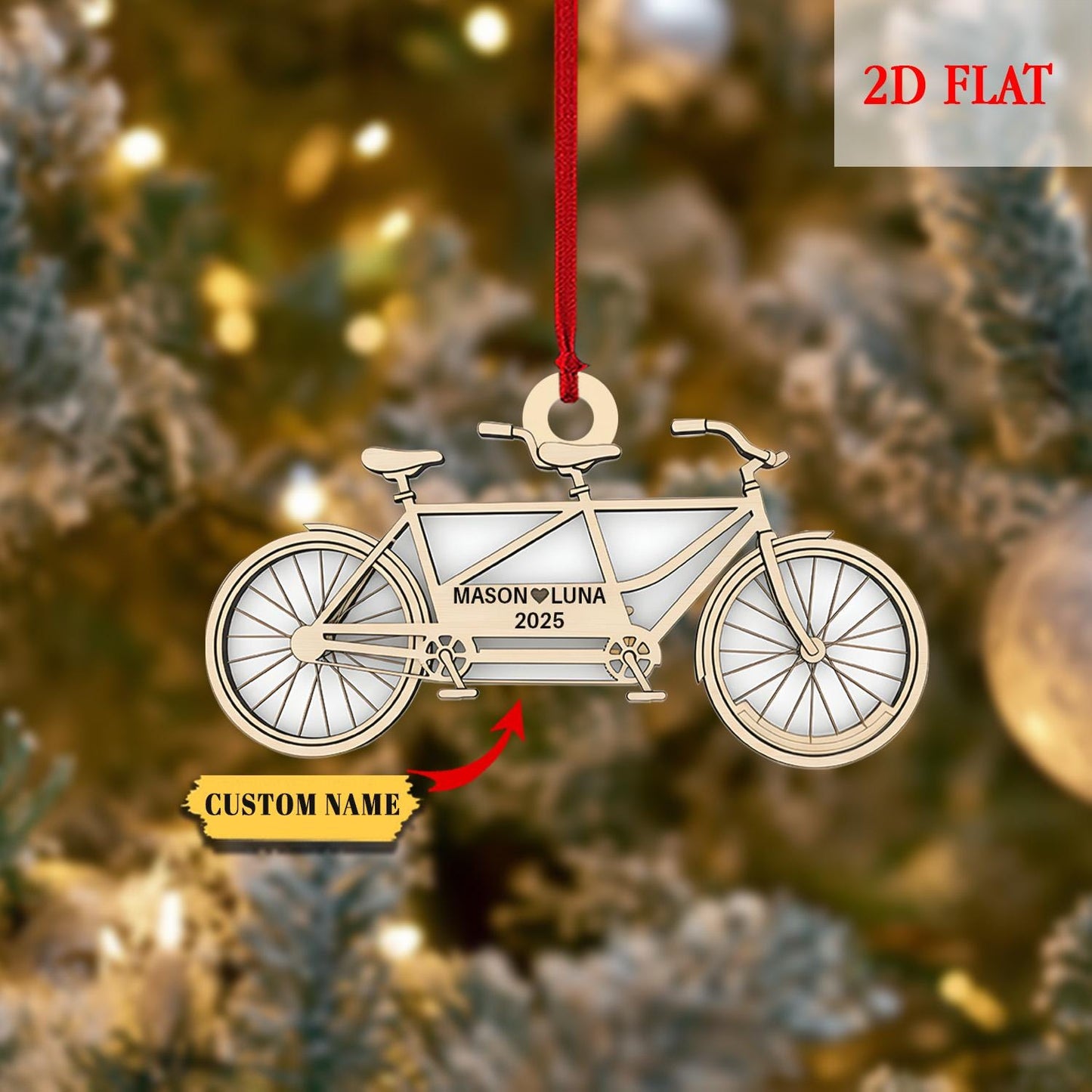 Personalized Bike Cycle Couple Ash Wood Ornament, Custom Dirt Bike Christmas Decoration, Couples Mountain Bike Christmas Decoration Bauble