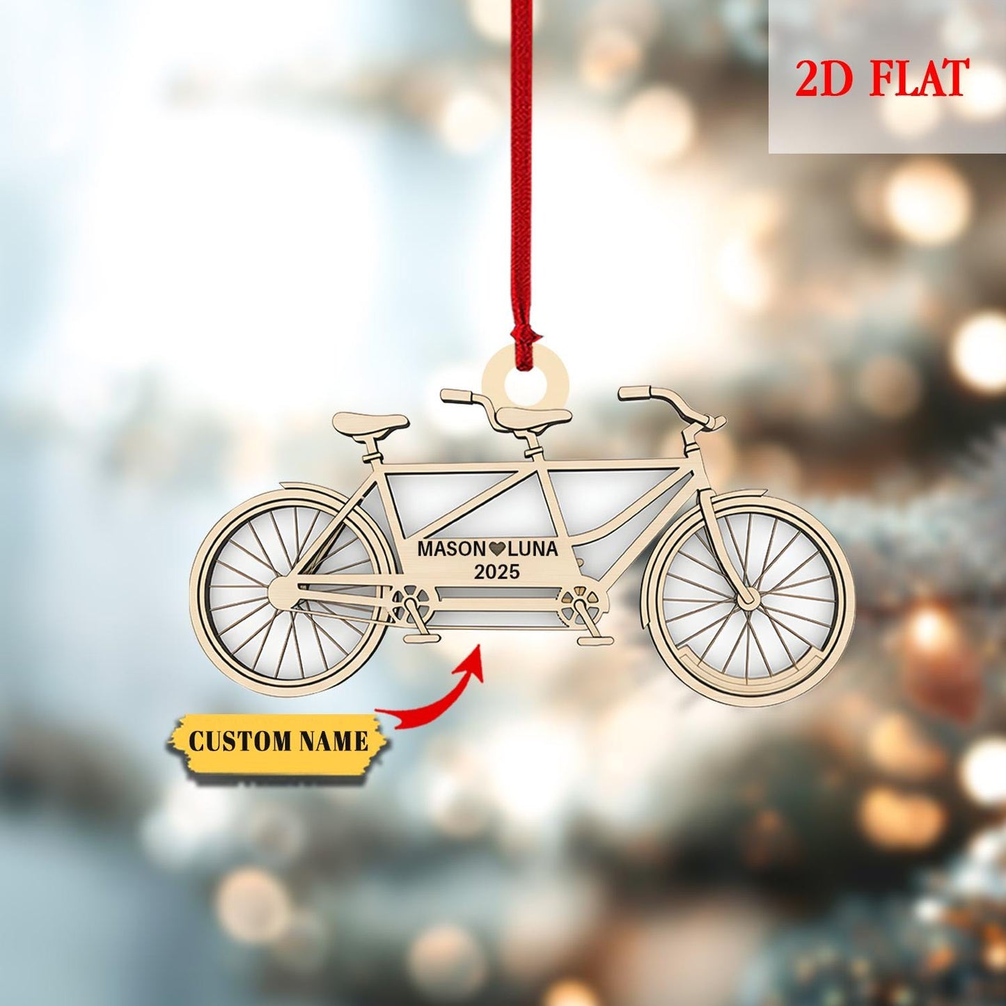 Personalized Bike Cycle Couple Ash Wood Ornament, Custom Dirt Bike Christmas Decoration, Couples Mountain Bike Christmas Decoration Bauble