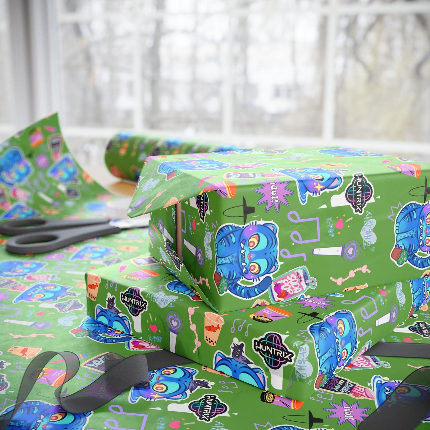 KPOP Demon Hunter Wrapping Paper Roll | DERPY TIGER Design | Christmas Gift Wrap for All Occasions, Huntrix, Saja Boys, Holiday Packaging,