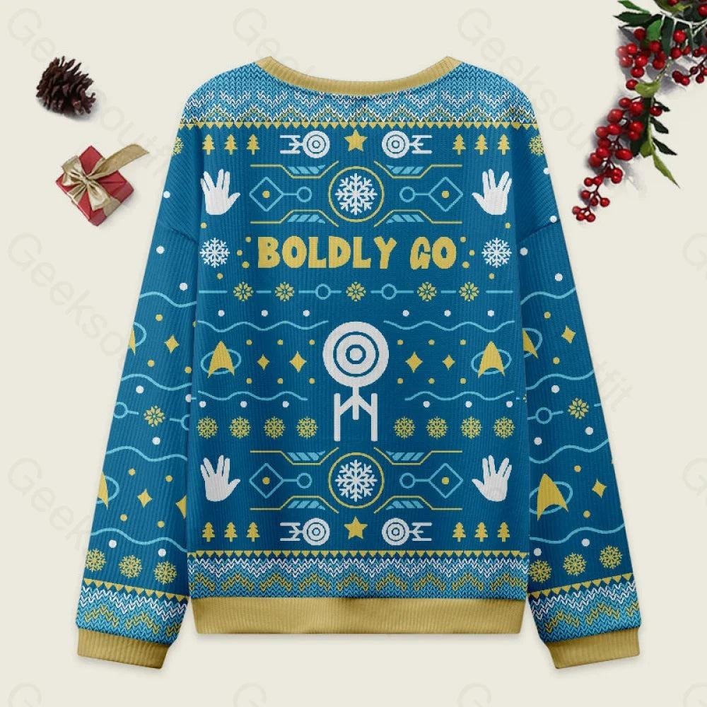 Star Trek Boldly Go Ugly Christmas Sweater, All Over Print Holiday Jumper Ugly Sweater, Funny Sci-Fi Xmas Pullover Gift for Trekkie Fans