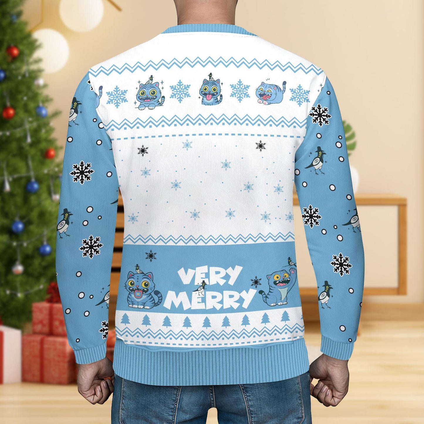 Blue Tiger Christmas Ugly Sweater, Cute Derpy Tiger Very Merry Sweater, Kpop Anime Sweater For Men Women, Fun Animals Holiday Sweater