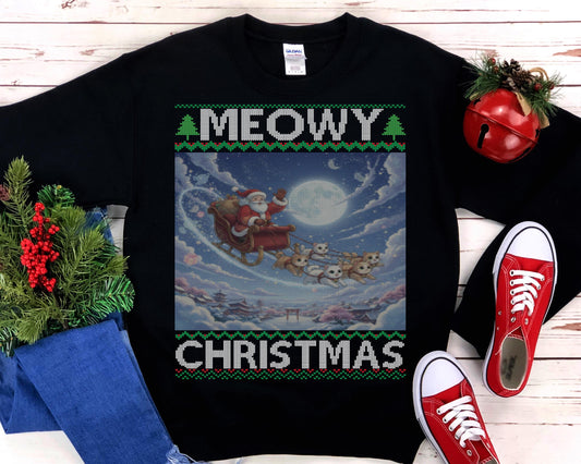 Cat Themed Ugly Christmas Sweatshirt 100% Cotton ; Japanese Anime Santa Kitty Meowy Christmas Kitten Shirt