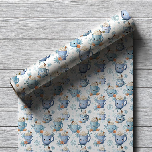 Blue Cocoa and Snowflakes Wrapping Paper: Perfect for Babies and Children, Custom Christmas Wrapping Paper, Unique X-mas paper, Modern Gift