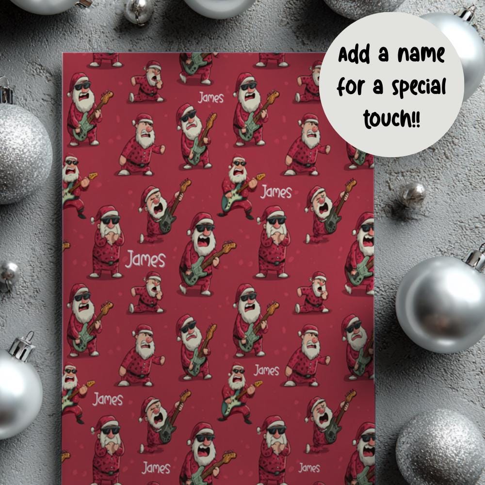 Funny Santa Playing a Guitar Wrapping Paper: Perfect Music gift wrap, Custom Wrapping Paper, Modern Christmas Paper, Gifting For Men