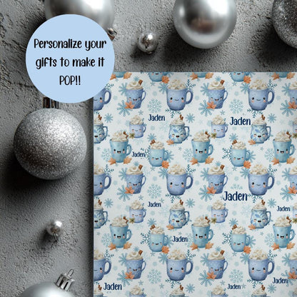 Blue Cocoa and Snowflakes Wrapping Paper: Perfect for Babies and Children, Custom Christmas Wrapping Paper, Unique X-mas paper, Modern Gift