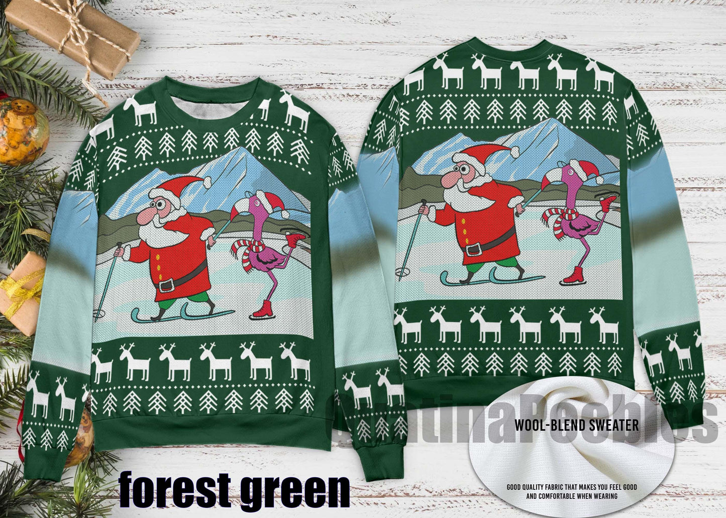 Funny Santa And Flamingo Skating Ugly Christmas Sweater For Couples, Santa And Flamingo Funny Sweater for Family, Christmas Ugly Sweater