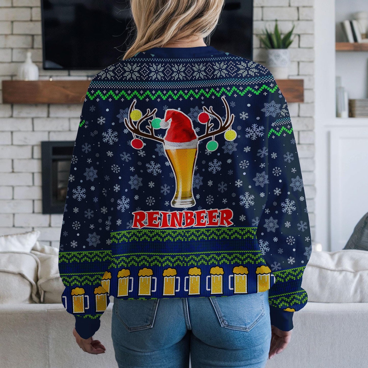 Reinbeer Christmas Sweater for Men Women, Funny Beer Reindeer Ugly Xmas Sweatshirt, Holiday Party Gift for Beer Lovers, Festive Winter Top