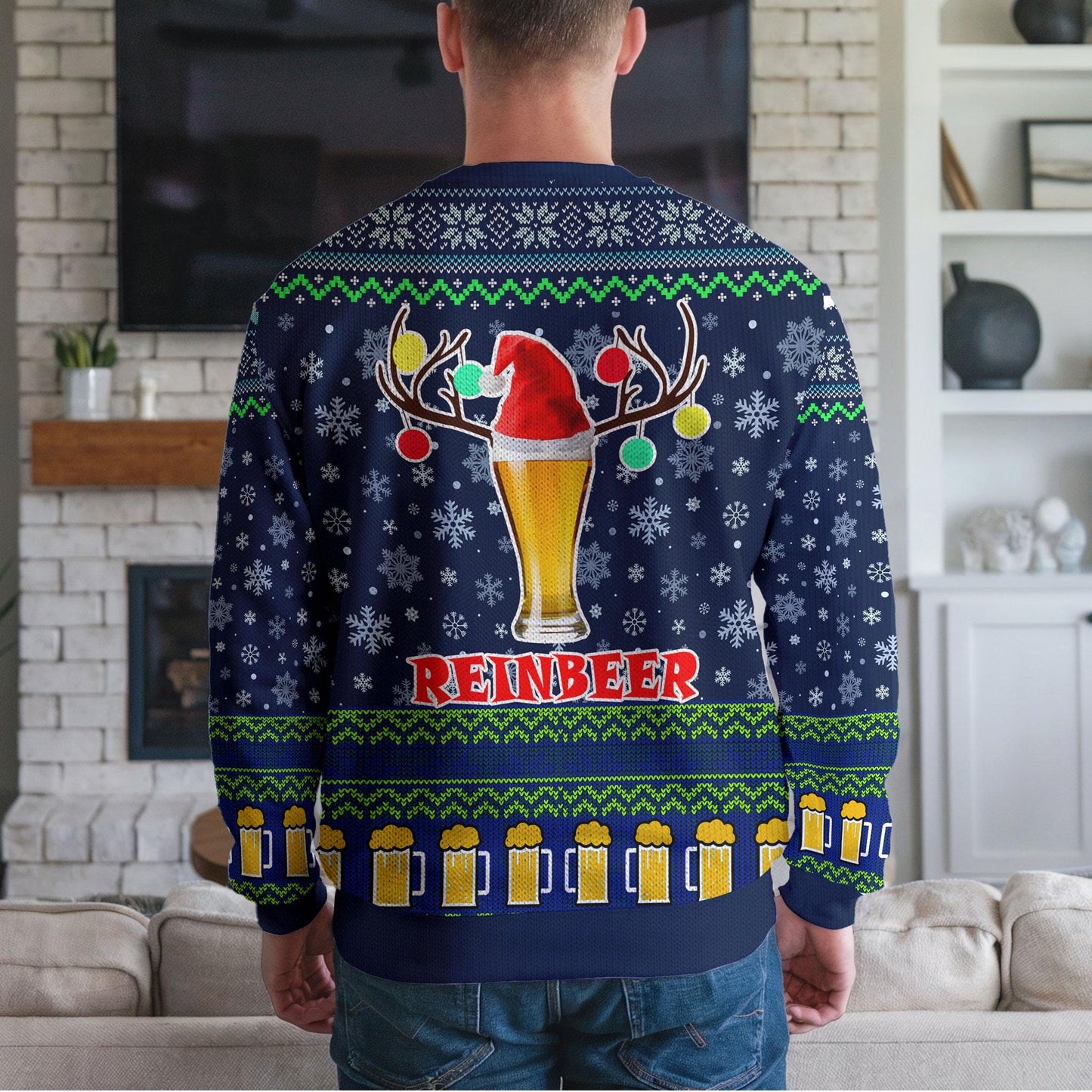 Reinbeer Christmas Sweater for Men Women, Funny Beer Reindeer Ugly Xmas Sweatshirt, Holiday Party Gift for Beer Lovers, Festive Winter Top