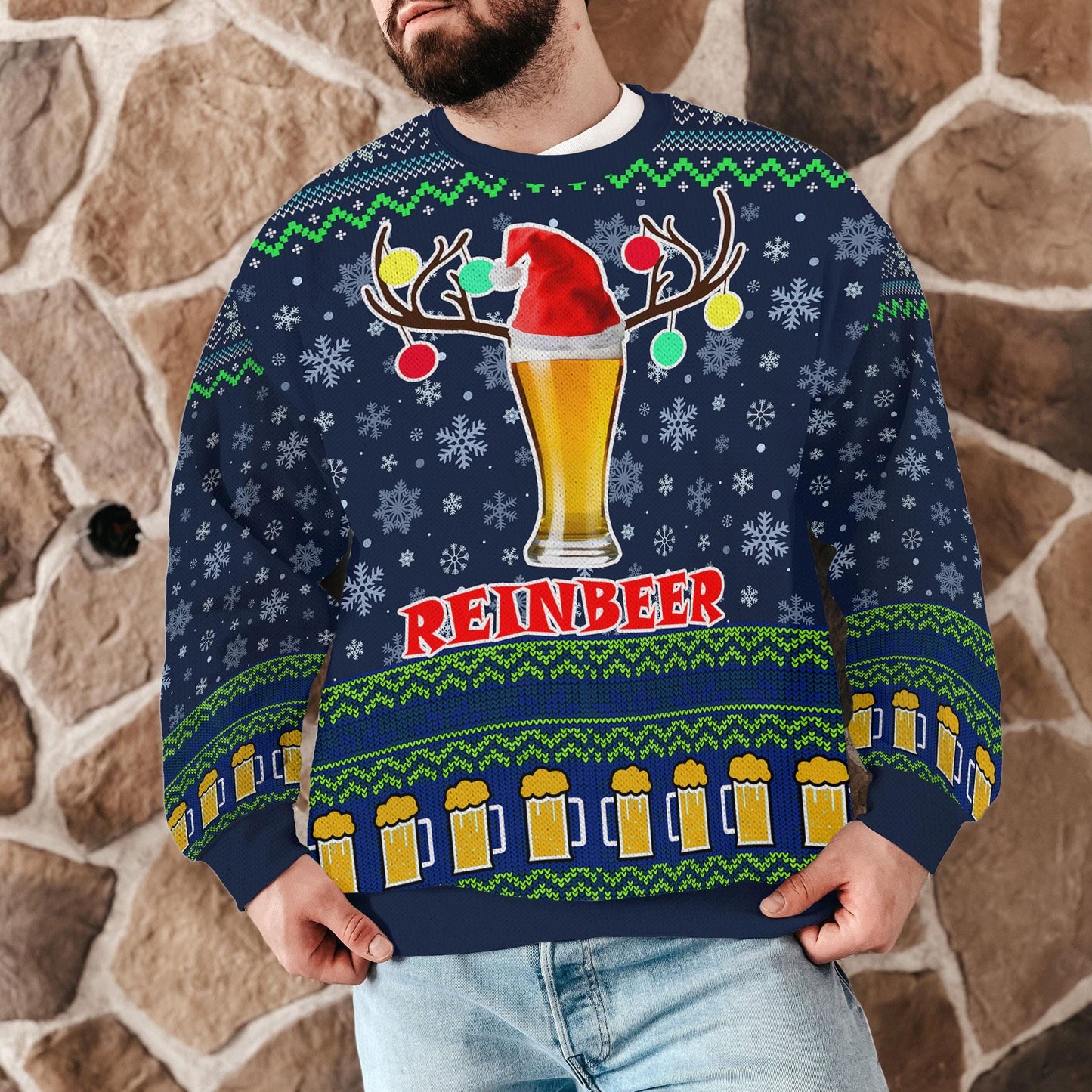 Reinbeer Christmas Sweater for Men Women, Funny Beer Reindeer Ugly Xmas Sweatshirt, Holiday Party Gift for Beer Lovers, Festive Winter Top