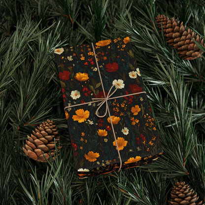 Flowers in Black Wrapping Paper - Perfect for Baby Showers, Birthdays, Parties, Gift Wrap, and Festive, Boho gifting, Floral wrapping paper