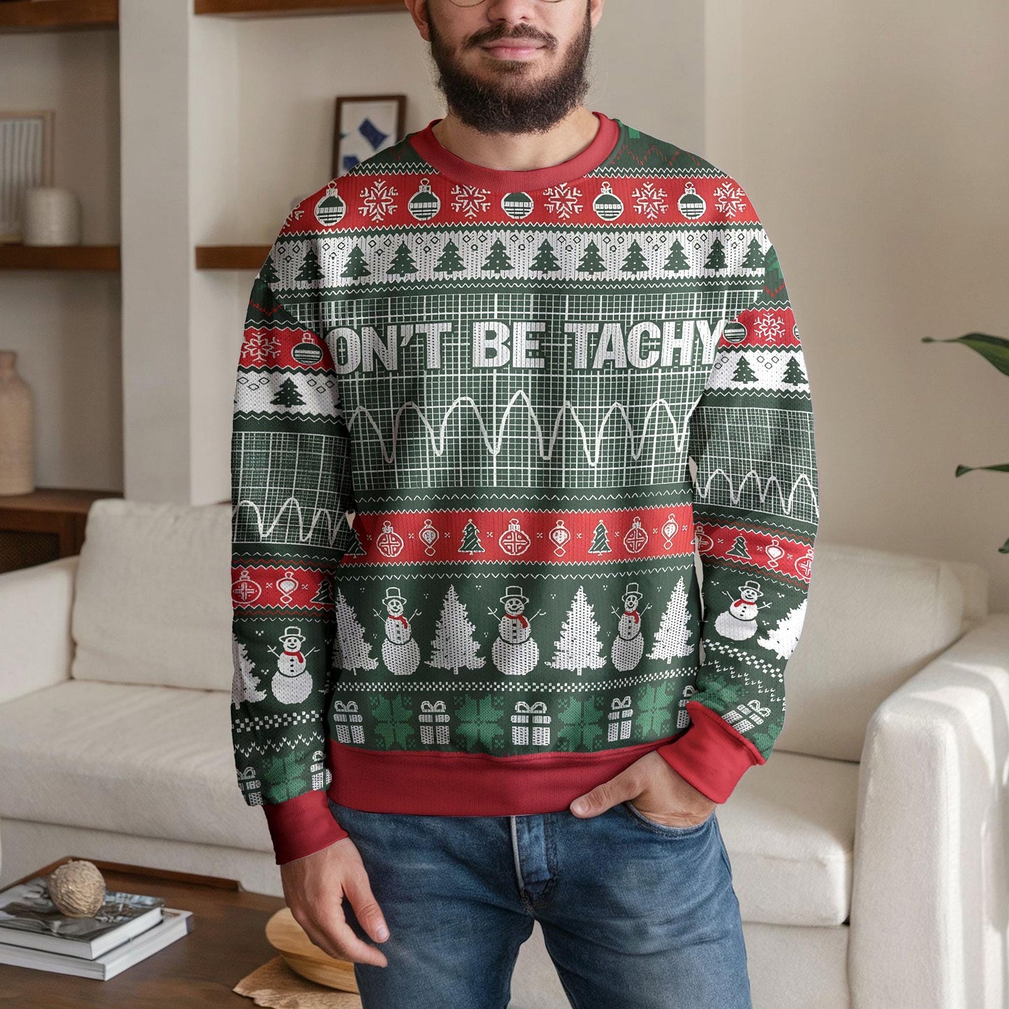 Don’t Be Tachy Funny Christmas Sweater, Science Pun Ugly Xmas Sweatshirt For Men Women, Nerdy Holiday Gift for Engineers and Science Lovers