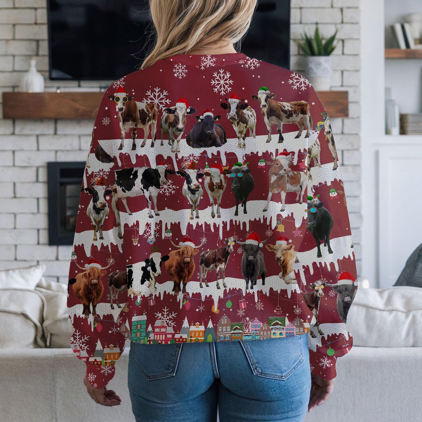 Funny Cow Christmas Sweater For Men Women, Farm Animal Ugly Xmas Sweatshirt with Holiday Snowflake Print, Festive Unisex Winter Party Outfit