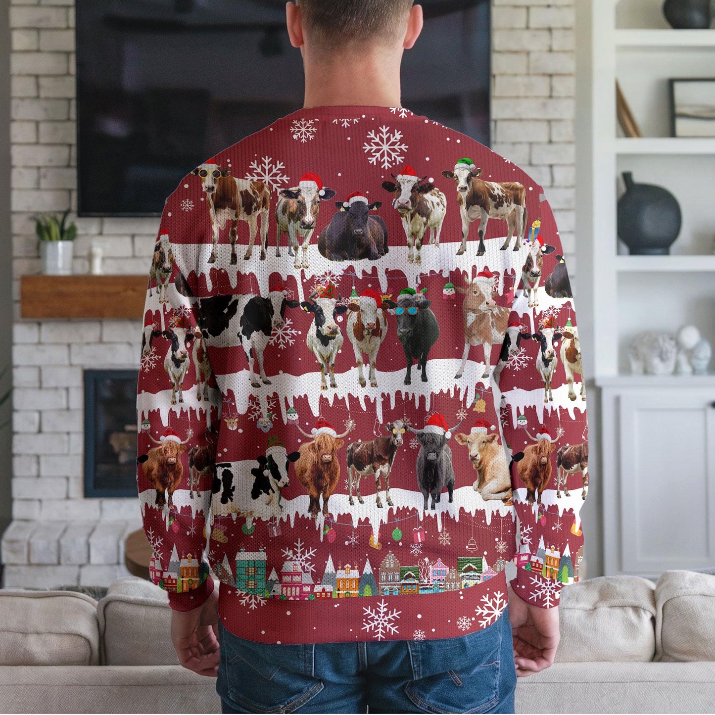 Funny Cow Christmas Sweater For Men Women, Farm Animal Ugly Xmas Sweatshirt with Holiday Snowflake Print, Festive Unisex Winter Party Outfit