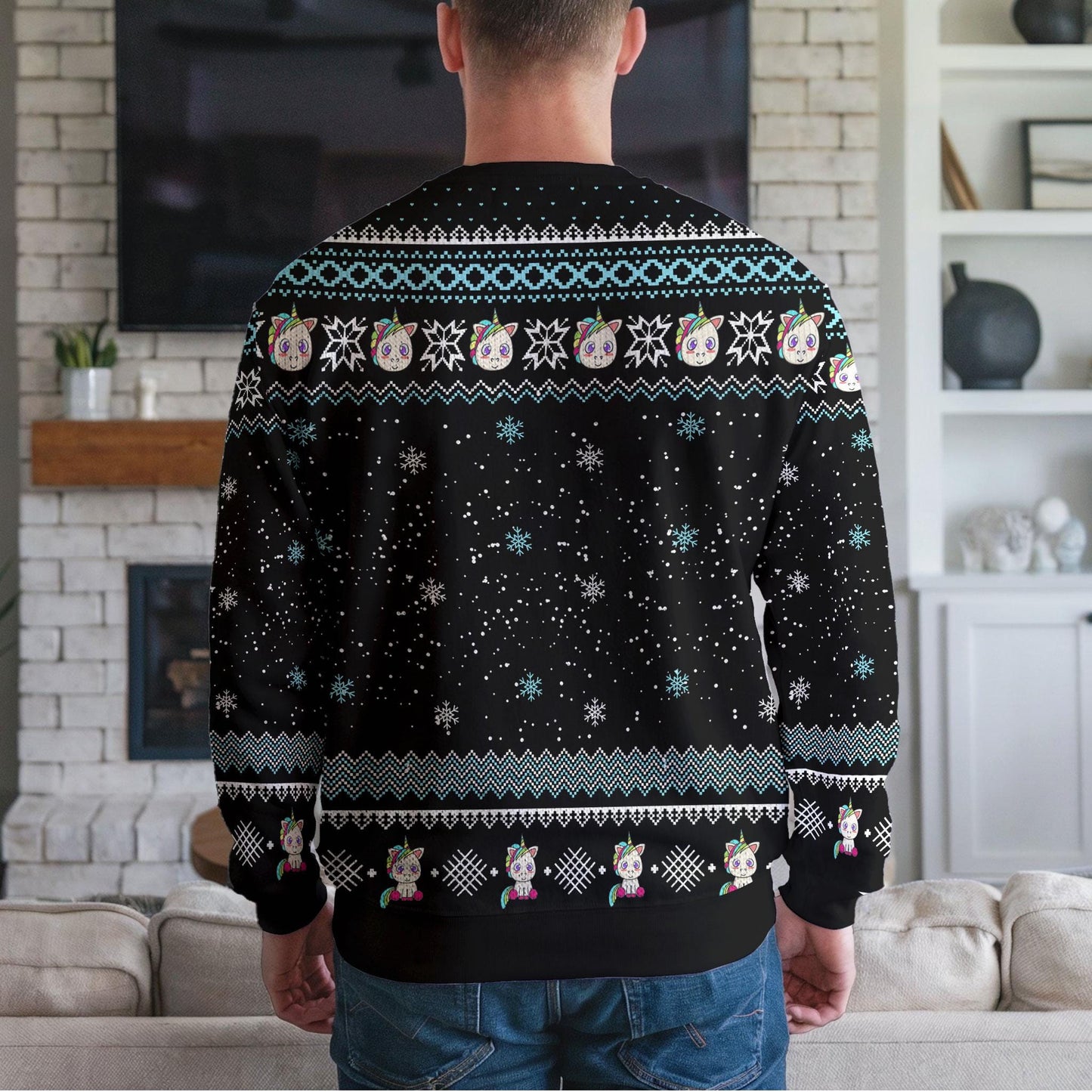 Funny Pew Pew Unicorn Christmas Sweater For Men Women, Hilarious Rainbow Unicorn Ugly Xmas Sweatshirt for Holiday Parties and Gifts