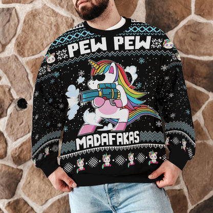 Funny Pew Pew Unicorn Christmas Sweater For Men Women, Hilarious Rainbow Unicorn Ugly Xmas Sweatshirt for Holiday Parties and Gifts