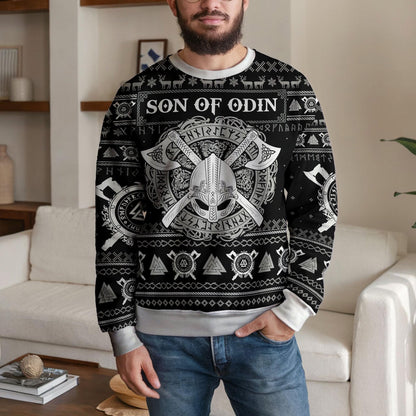 Son of Odin Viking Christmas Sweater For Men Women, Norse Mythology Ugly Xmas Sweatshirt with Runes Helm and Axes Nordic Warrior Gift